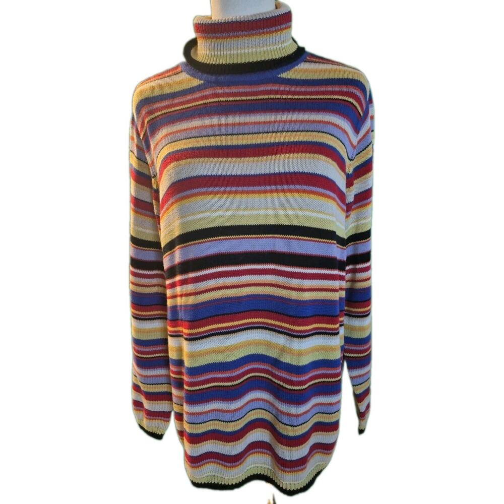 Vtg Josephine Chaus Sweater Womens XL Multicolor Striped Turtleneck Ribbed XL